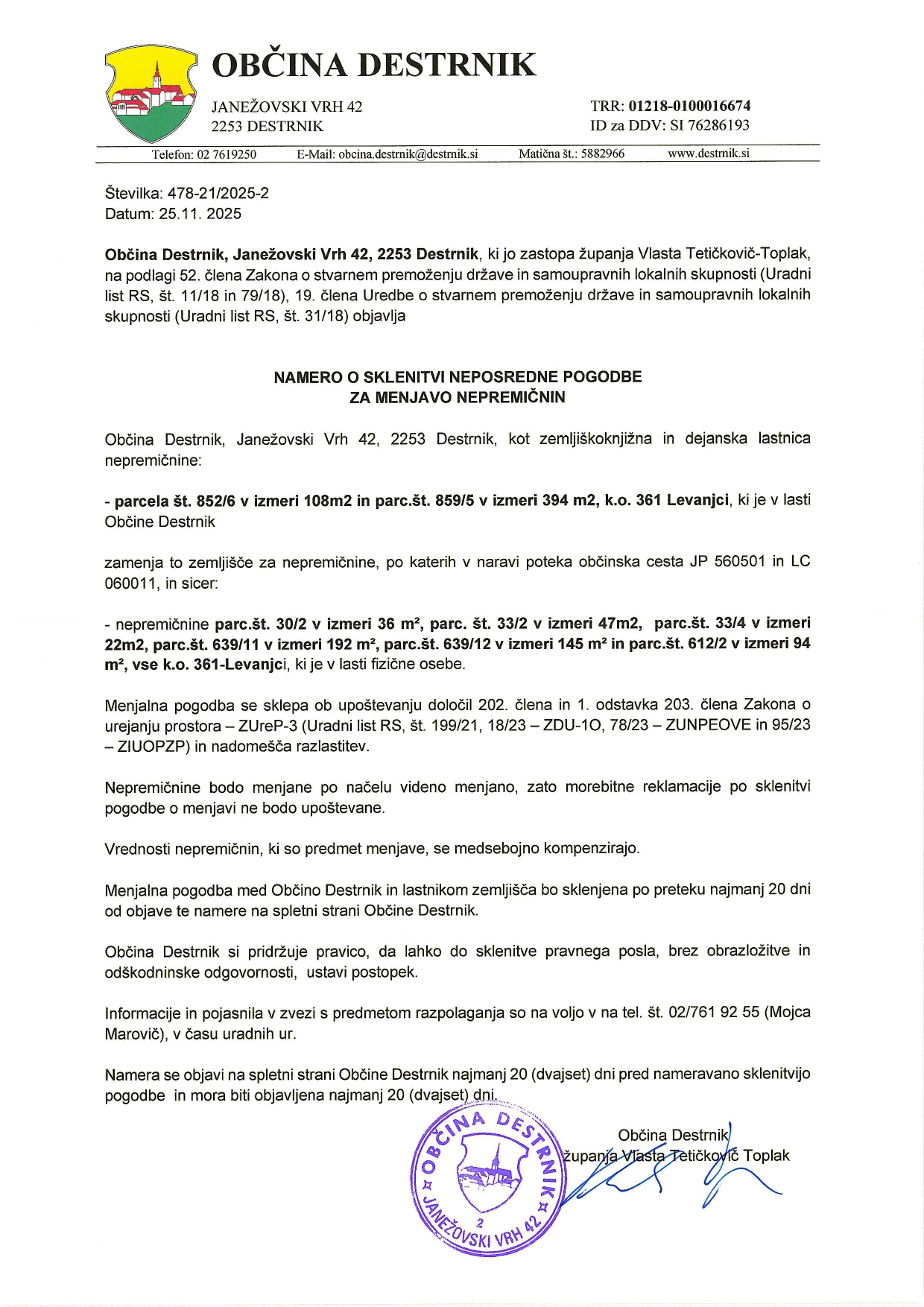 Namera o sklenitvi neposredne pogodbe za menjavo nepremičnin-k.o. Levanjci_page-0001